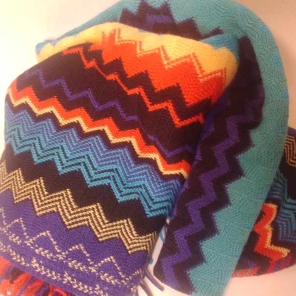 Missoni Chevron Zigzag Multicolor Wool Blend Fringed Knit Scarf Italy orange - Picture 6 of 6